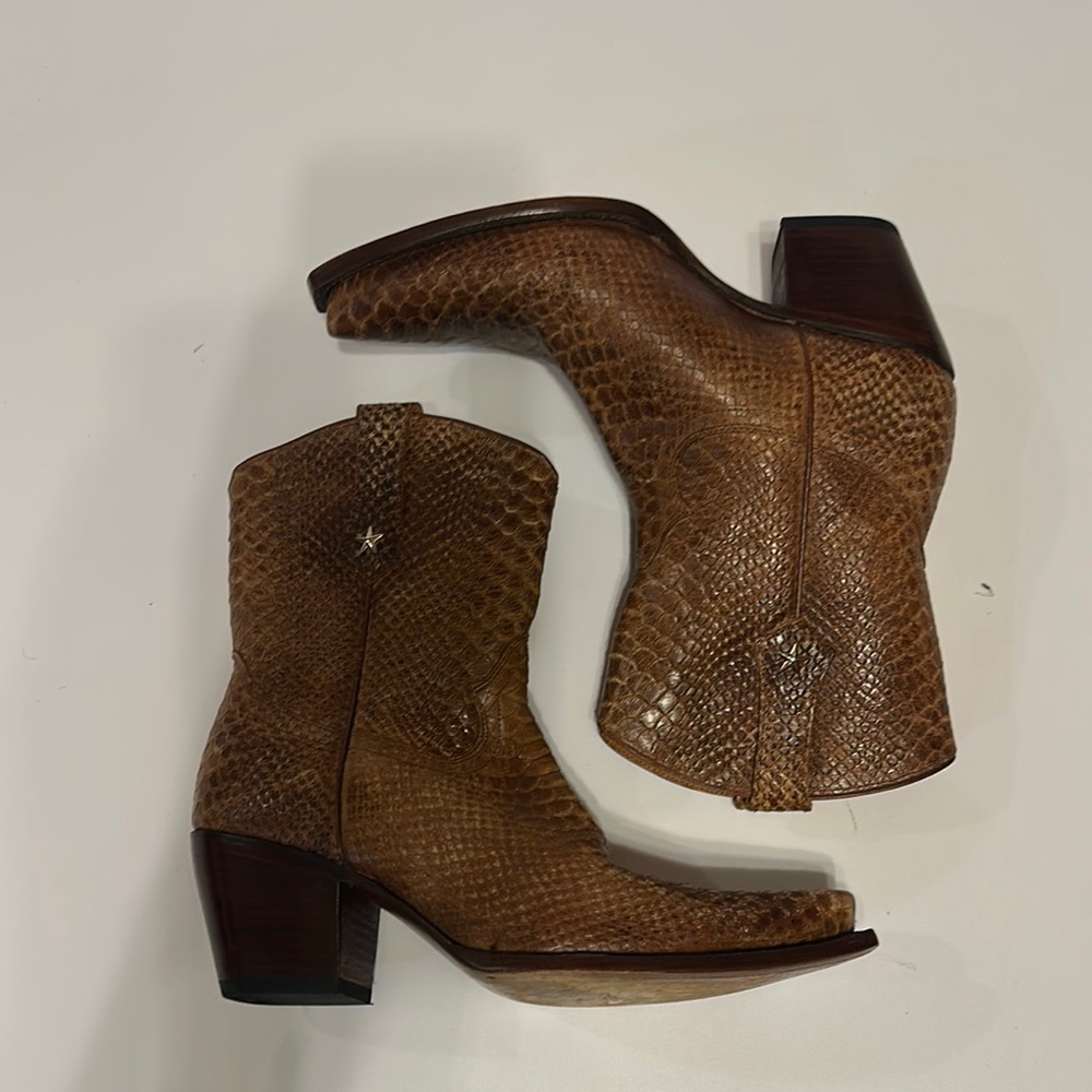 Brown Snakeskin Leather Western Ankle Boots